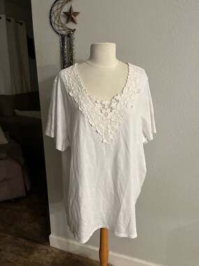 Liz Claiborne White Crochet Lace V-Neck Short Sleeve Cotton Top Size 3X